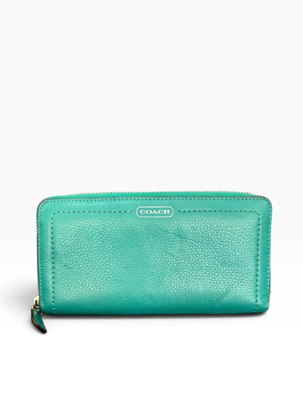 Coach Teal Pebbled leather long Wallet with zipper